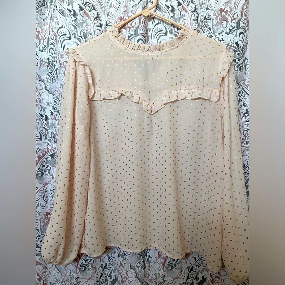Light pink with gold, polkadots, and ruffle long sleeve shirt